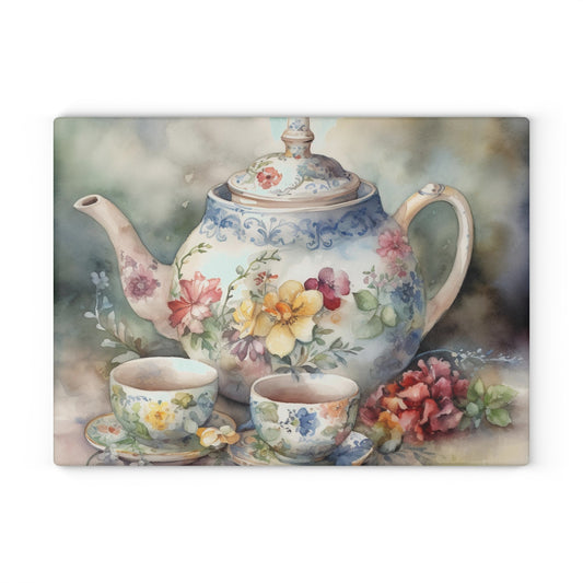 Vintage Charm Glass Cutting Board with Tea Pot and Floral Design