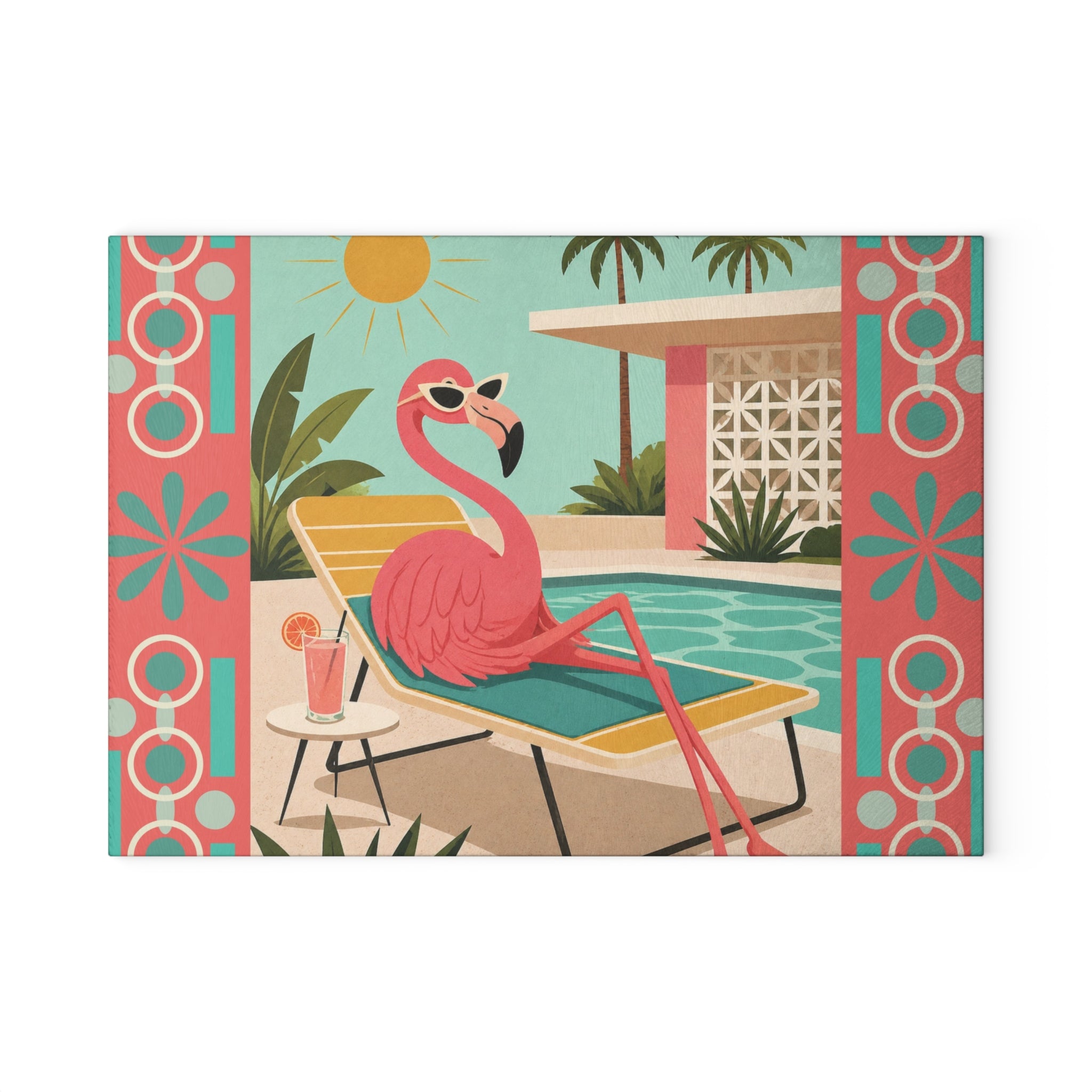 Retro Flamingo Poolside Glass Cutting Board | Mid Century Tropical Art