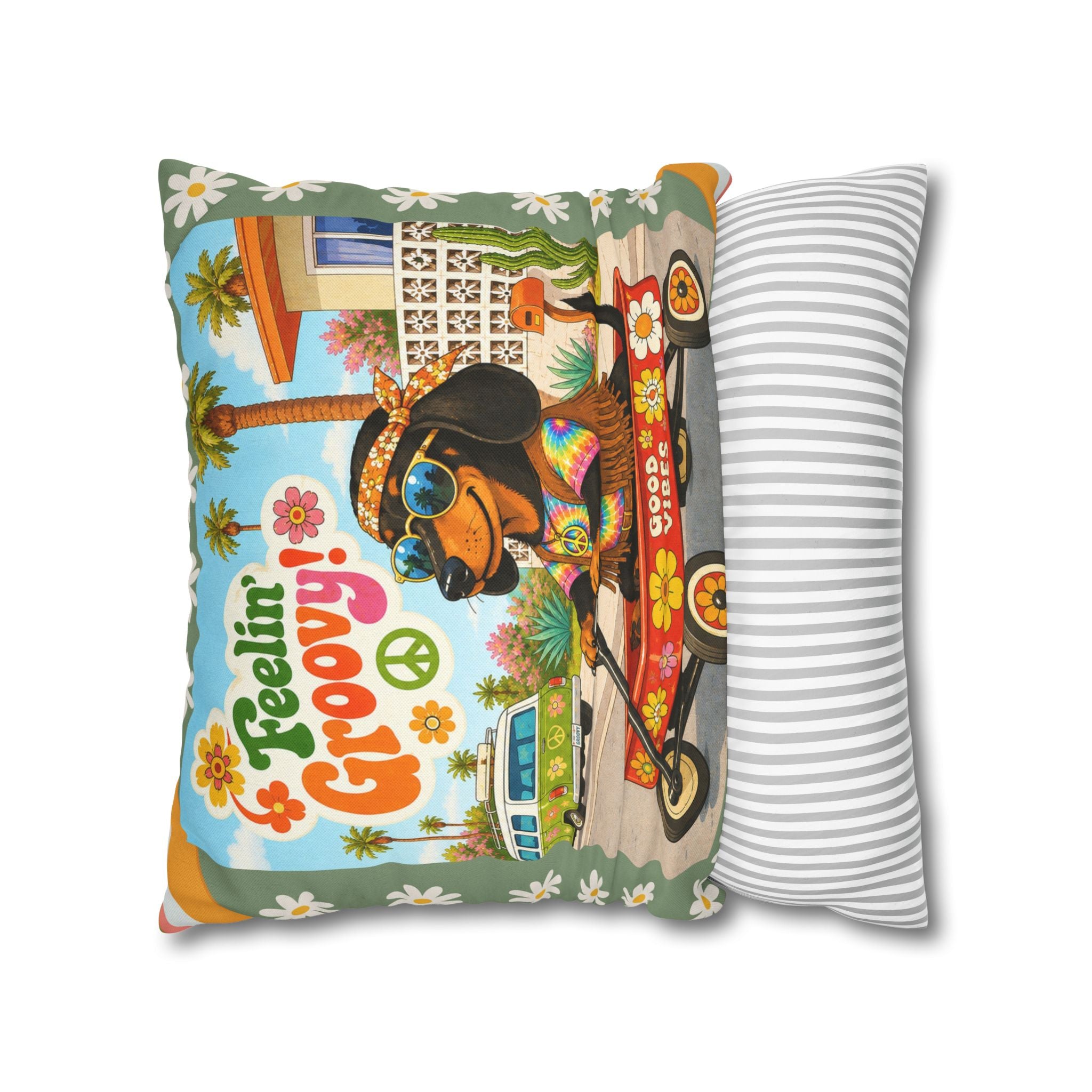 Feelin' Groovy retro Dachshund Pillowcase | 60s 70s pattern Square Decorative Pillow