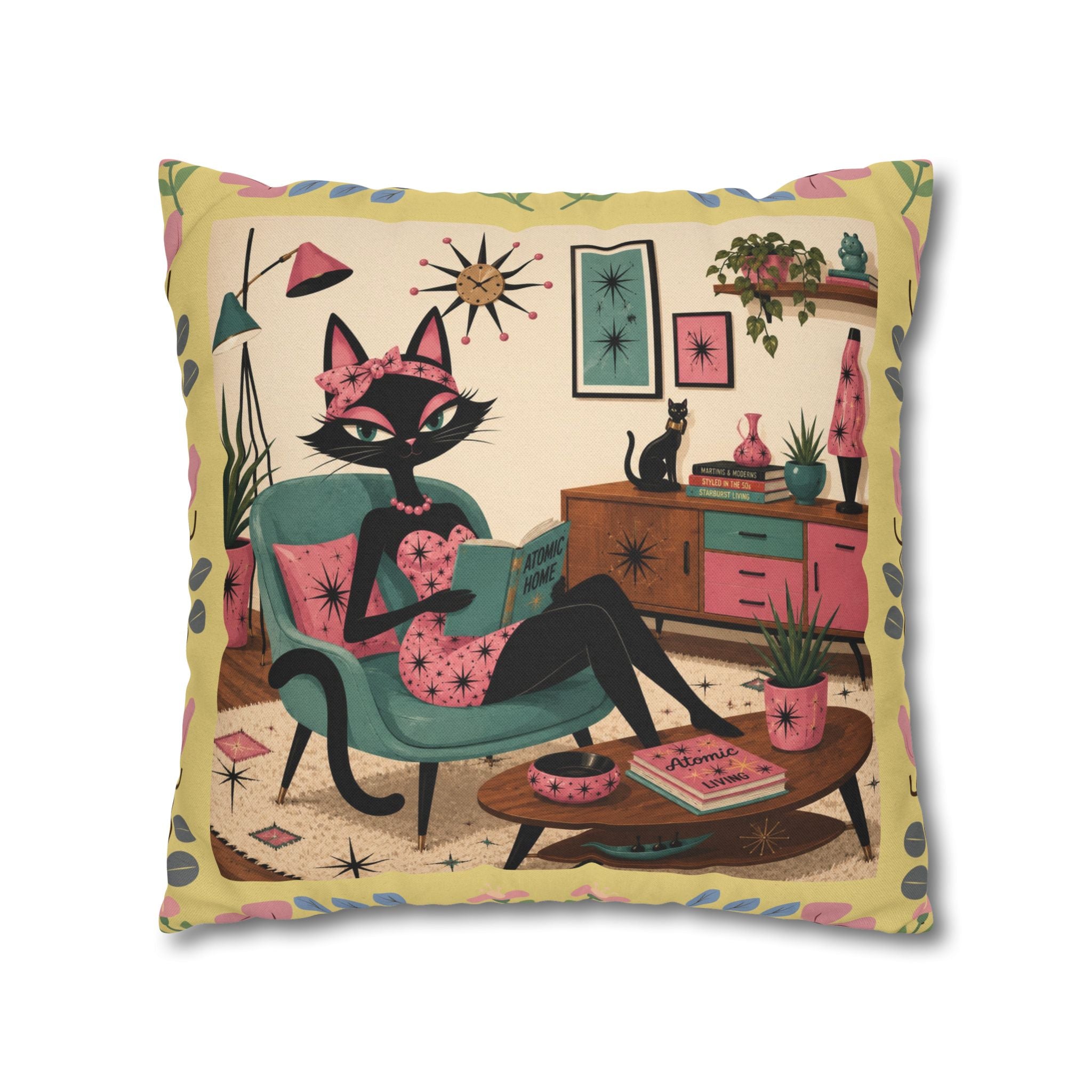 Retro Mid Century Atomic Cat Lounge Pillowcase | Square Pillowcase - COVER ONLY