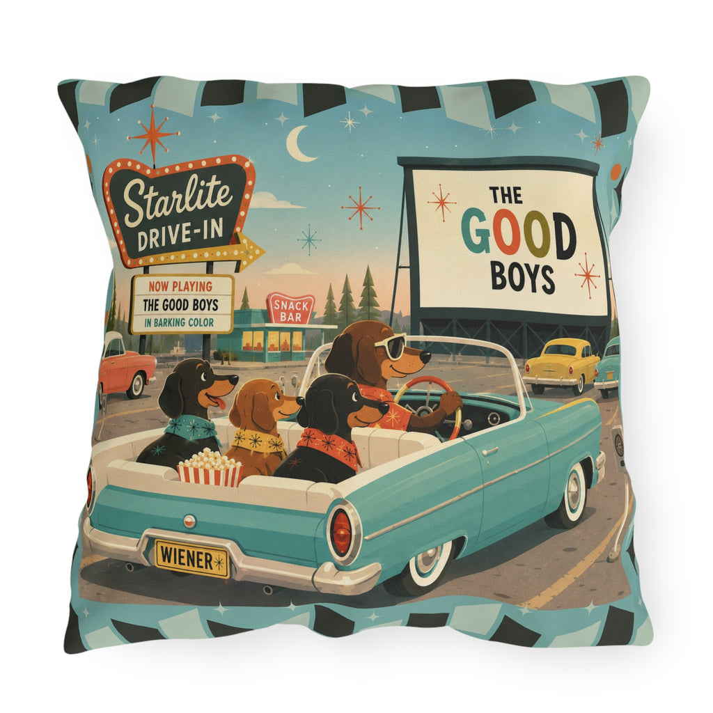 MCM Dachshund Drive-In Dogs Retro Art Outdoor Pillow | Vintage Movie Night