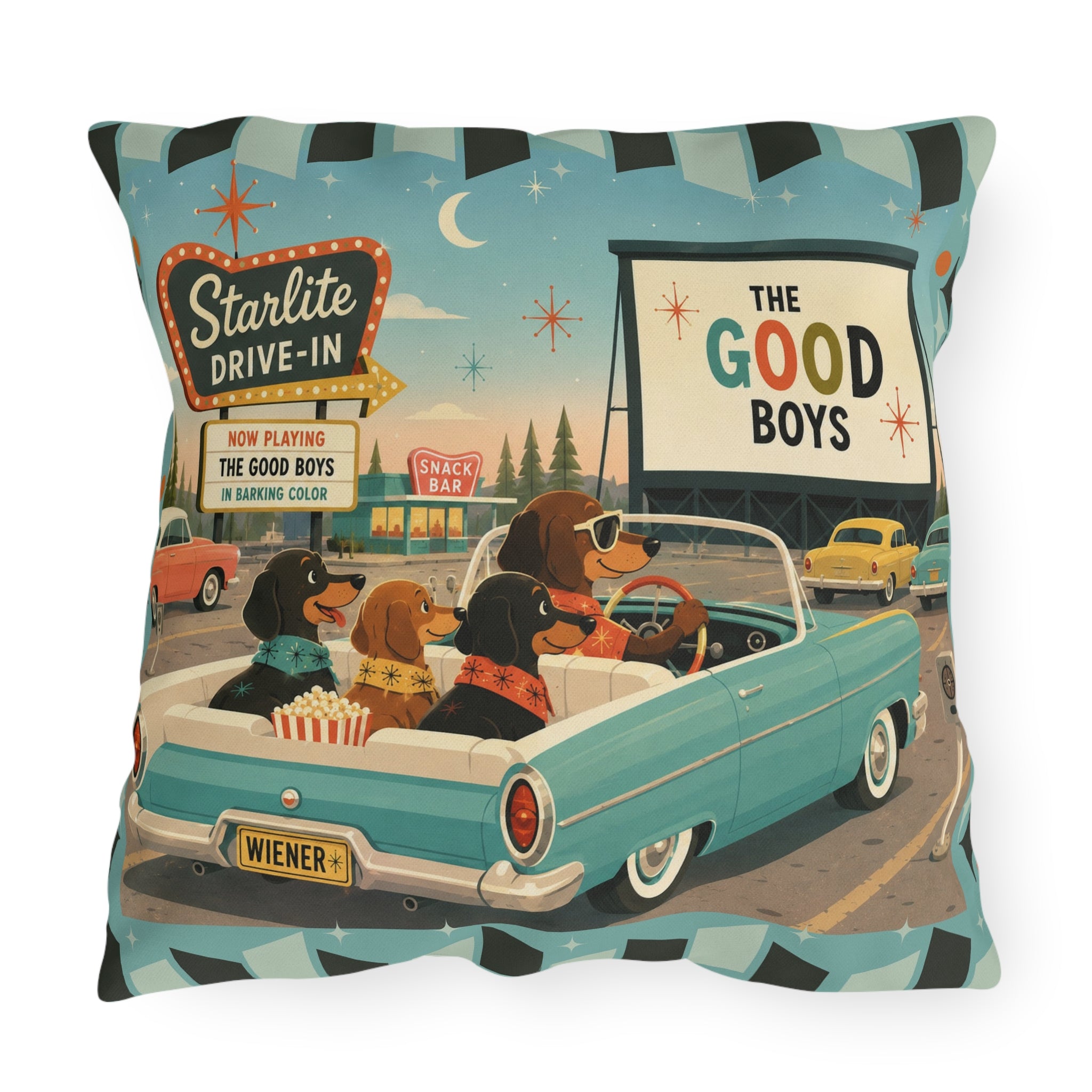 MCM Dachshund Drive-In Dogs Retro Art Outdoor Pillow | Vintage Movie Night