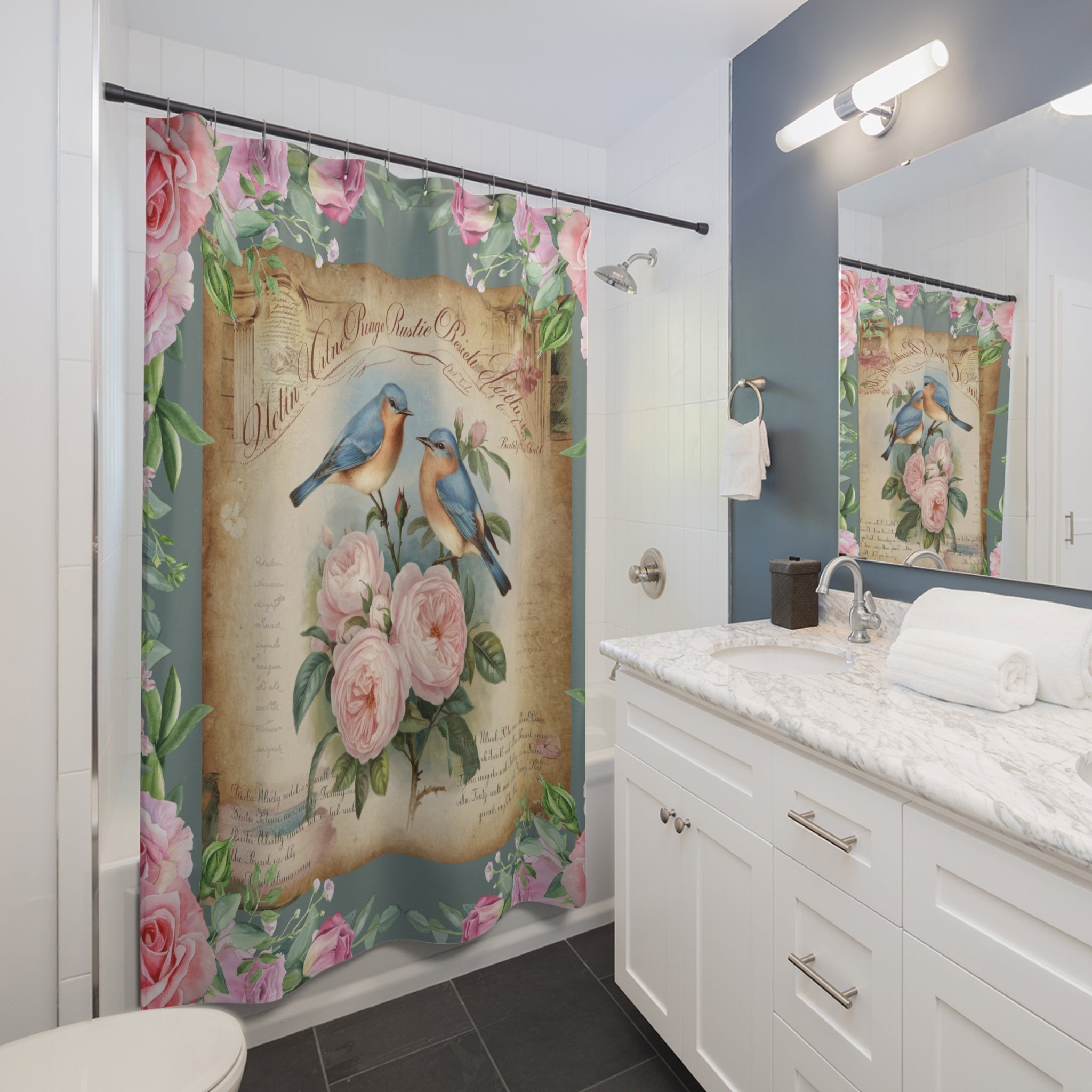 Vintage Floral Shabby chic Shower Curtain with Bluebirds, Rustic Home Decor, Bathroom Accessory, Gift for Bird Lovers