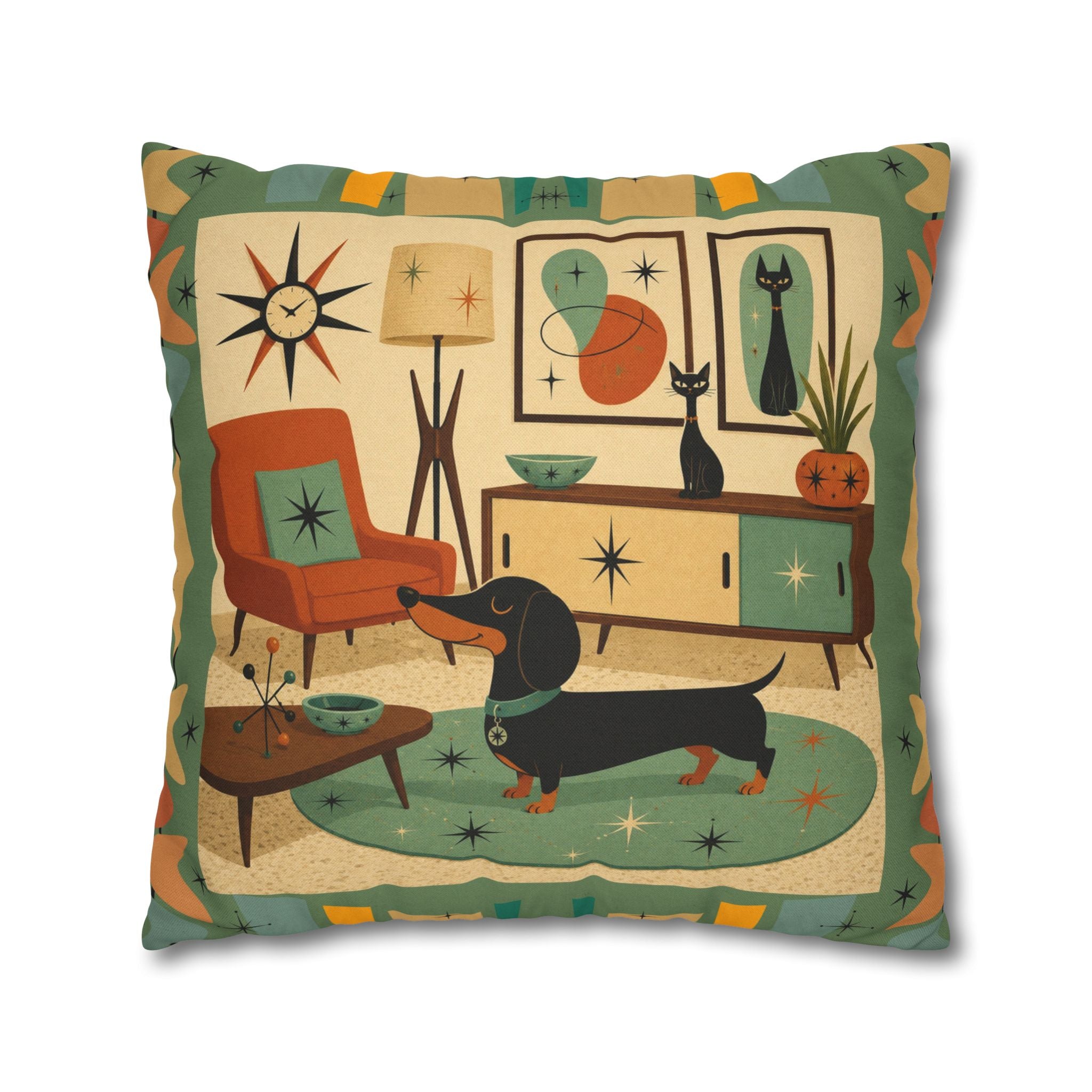 Mid-Century Living Room Dachshund Pillowcase | Square Pillowcase - COVER ONLY