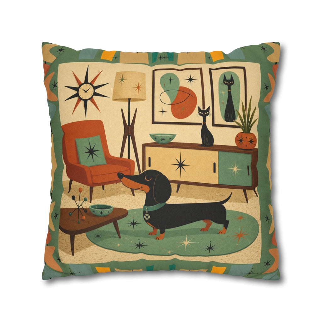 Mid-Century Living Room Dachshund Pillowcase | Square Pillowcase - COVER ONLY