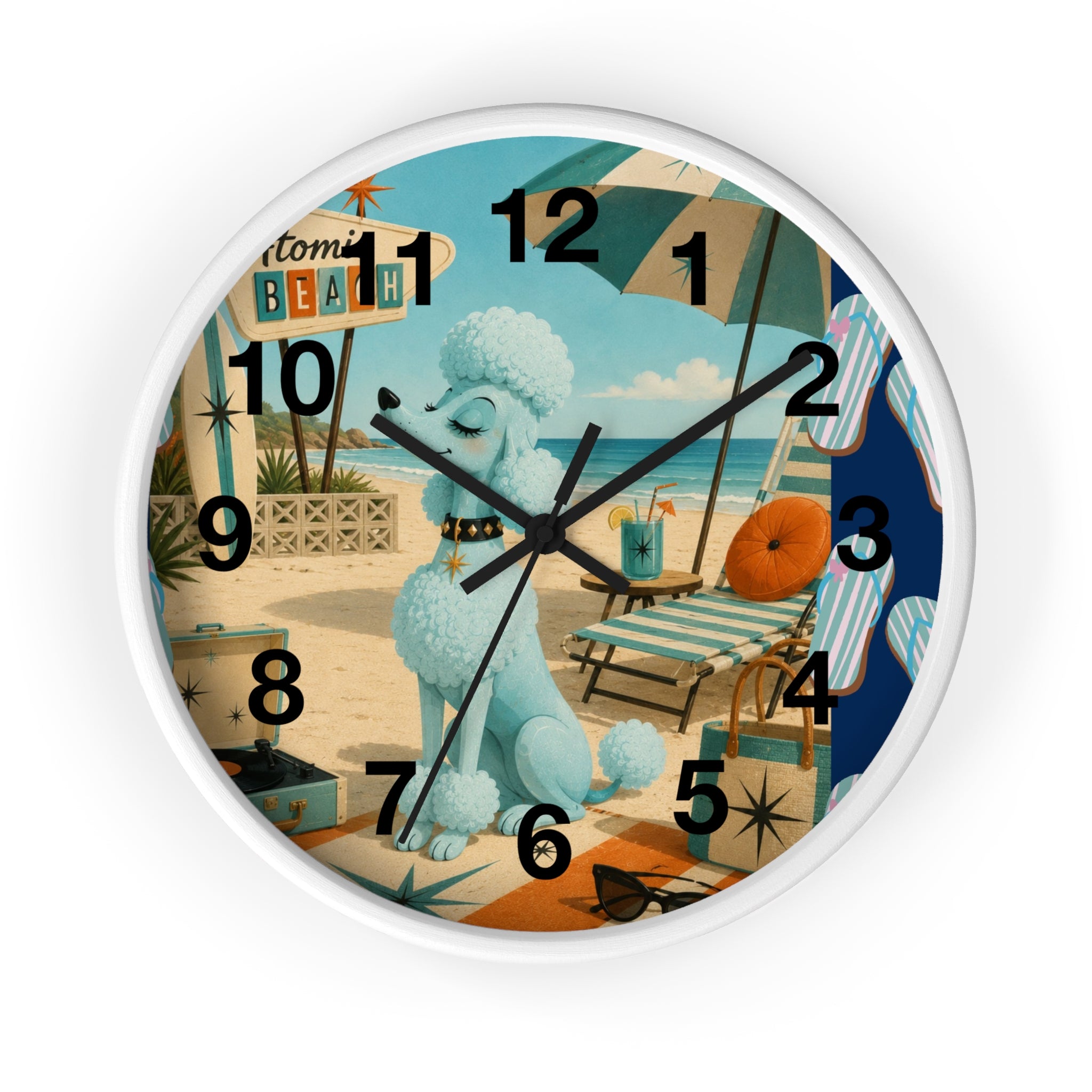 Retro Beach Poodle Wall Clock | Vintage Coastal Decor, Nautical Seaside Scene