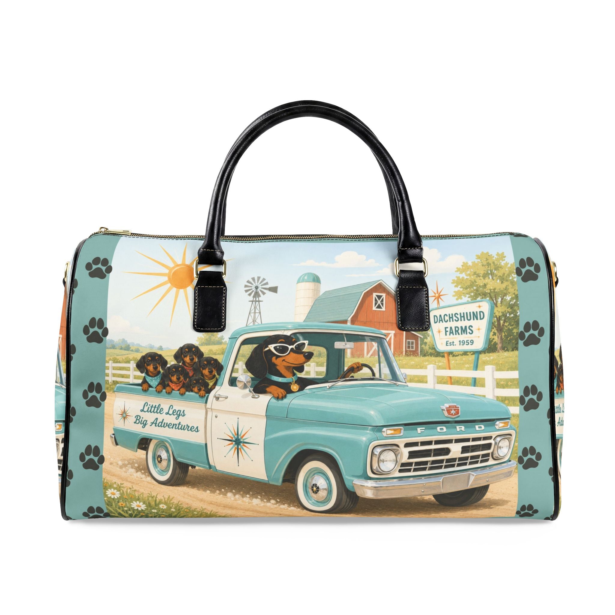 Dachshund Retro Truck Faux Leather Travel Bag | Vintage Farm Road Trip