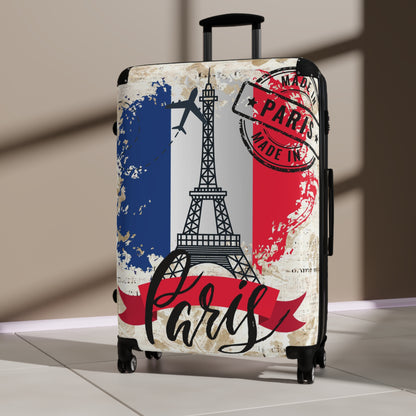 Made in Paris suitcase on wheels,  holiday in France, roller case, secure lockable carry on bags, hard shell travel suitcase