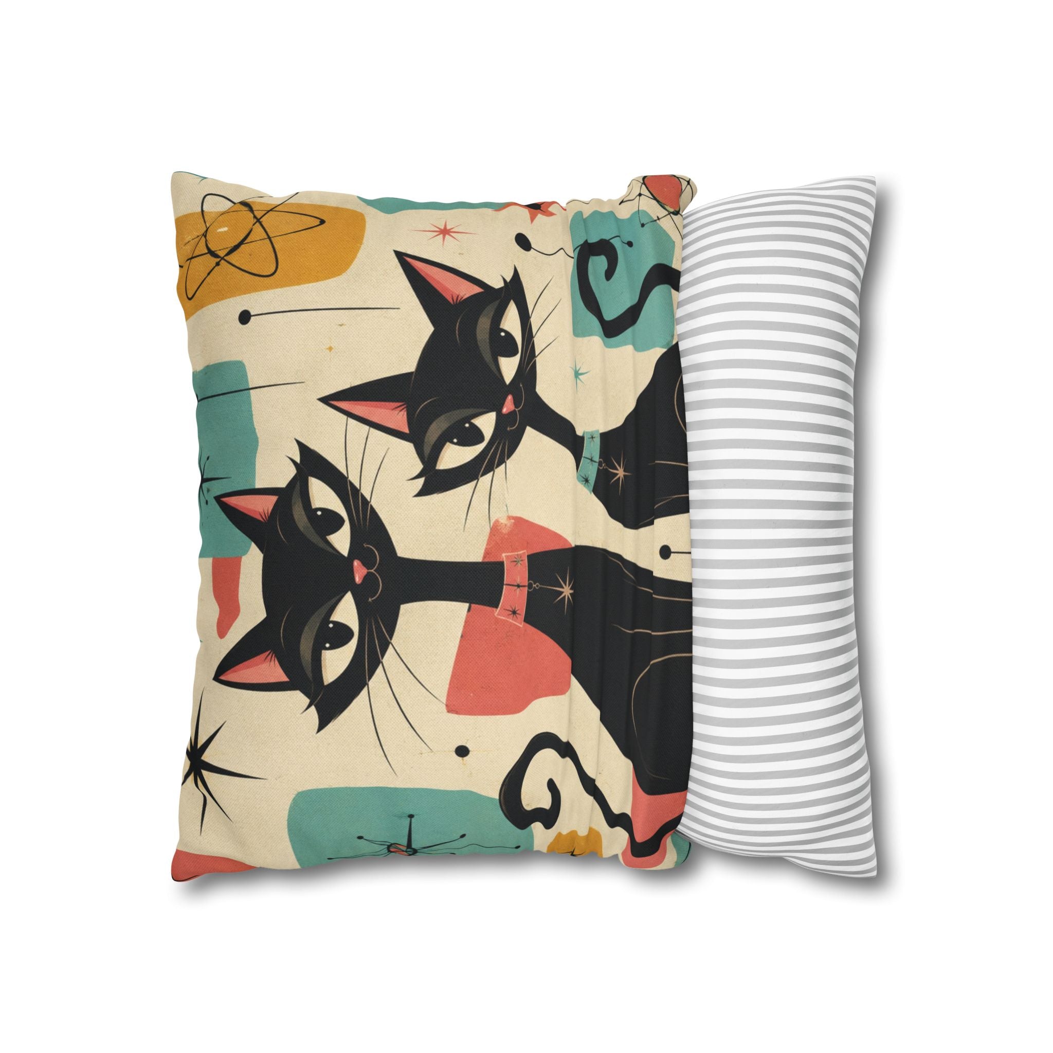 Mid Century Retro Atomic Black Cats Pillowcase | Spun Polyester Square Pillowcase - COVER ONLY