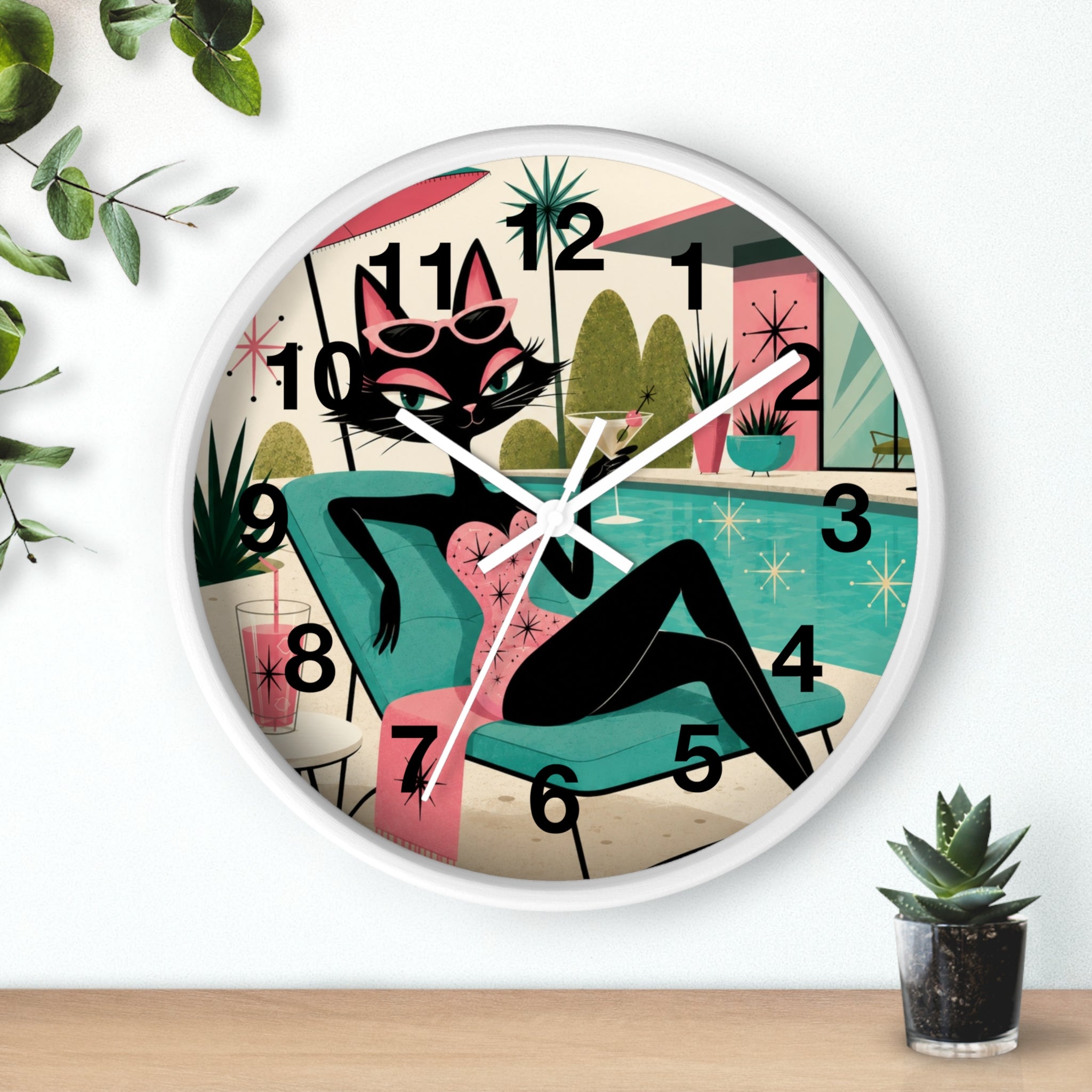 Retro Atomic Cat Lounge Wall Clock | Mid Century Modern Poolside Cat Art
