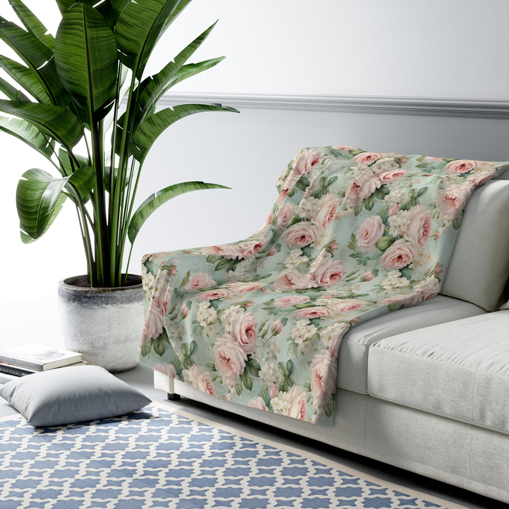 Pink vintage roses shabby chic style Sherpa Fleece Blanket, throw blanket, bedroom living room couch blanket