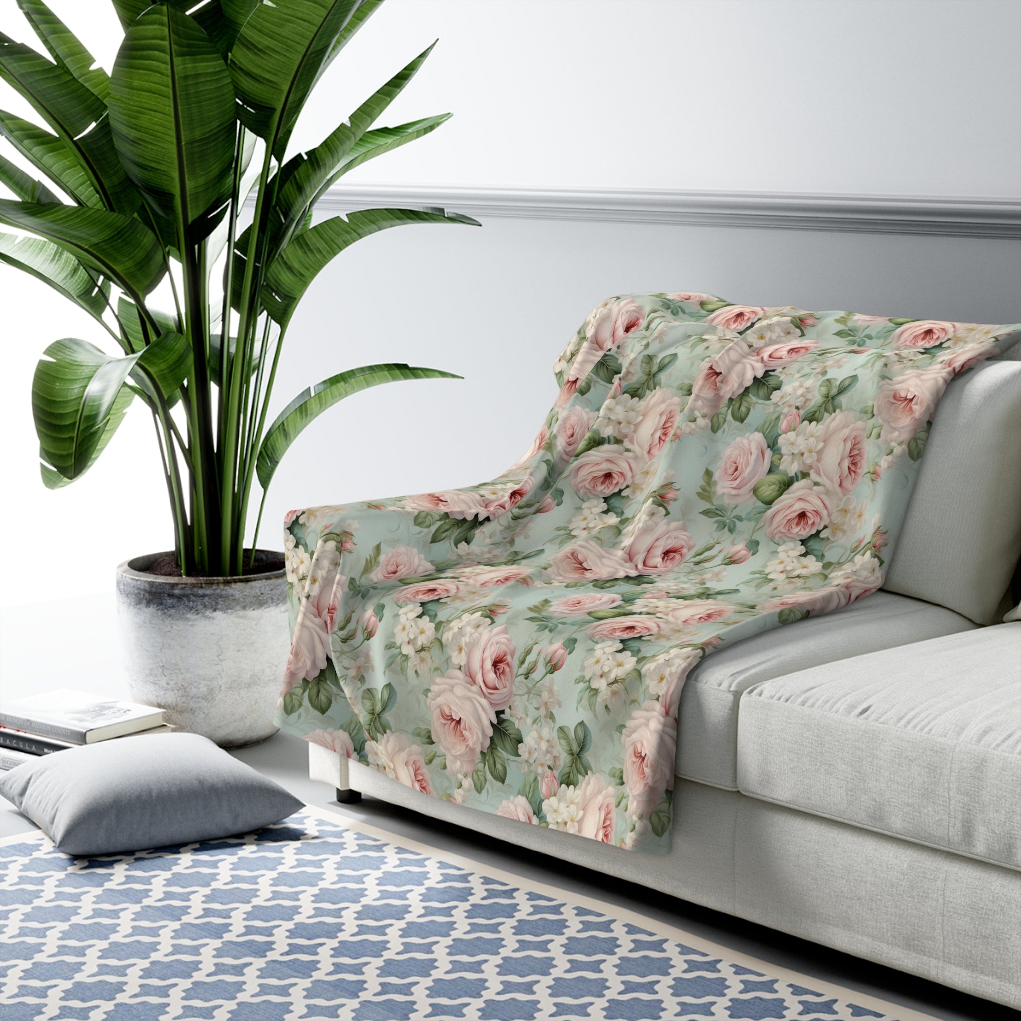 Pink vintage roses shabby chic style Sherpa Fleece Blanket, throw blanket, bedroom living room couch blanket