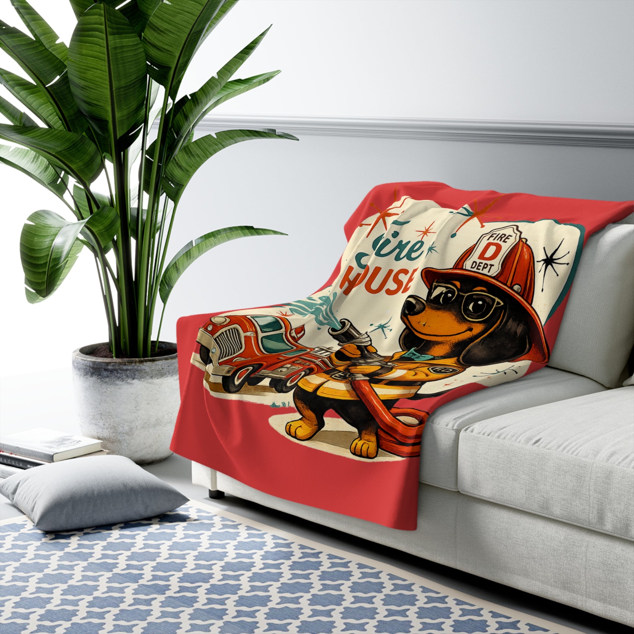 MCM Dachshund Firefighter Illustration Sherpa Blanket | Firehouse Dog Throw