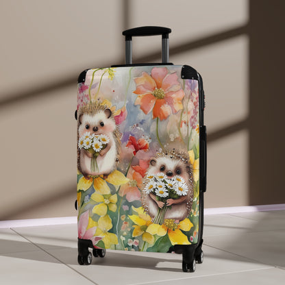 Cute wildflowers and hedgehog Suitcase on wheels, roller case, travel luggage, hard shell suitcase, secure lockable design