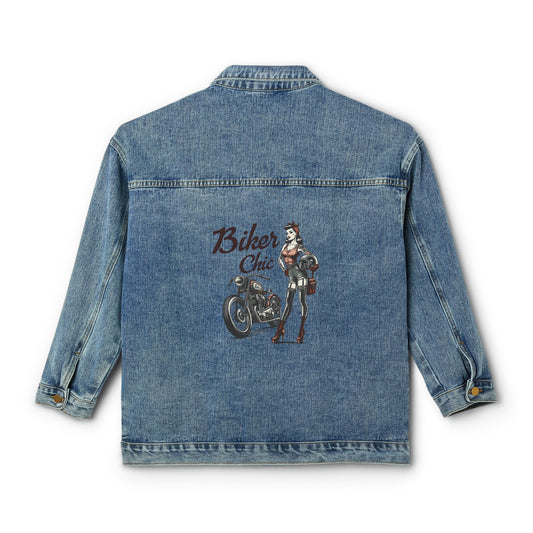 Biker Chic Women's Denim Jacket, lady motorcycle rider, gift for biker Mom, girlfriend, ladies oversized jacket