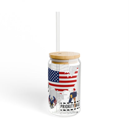 Personalized Sipper Glass, 16oz, delivery driver gift, courier iced coffee cup, USA drinking glass, patriotic glass