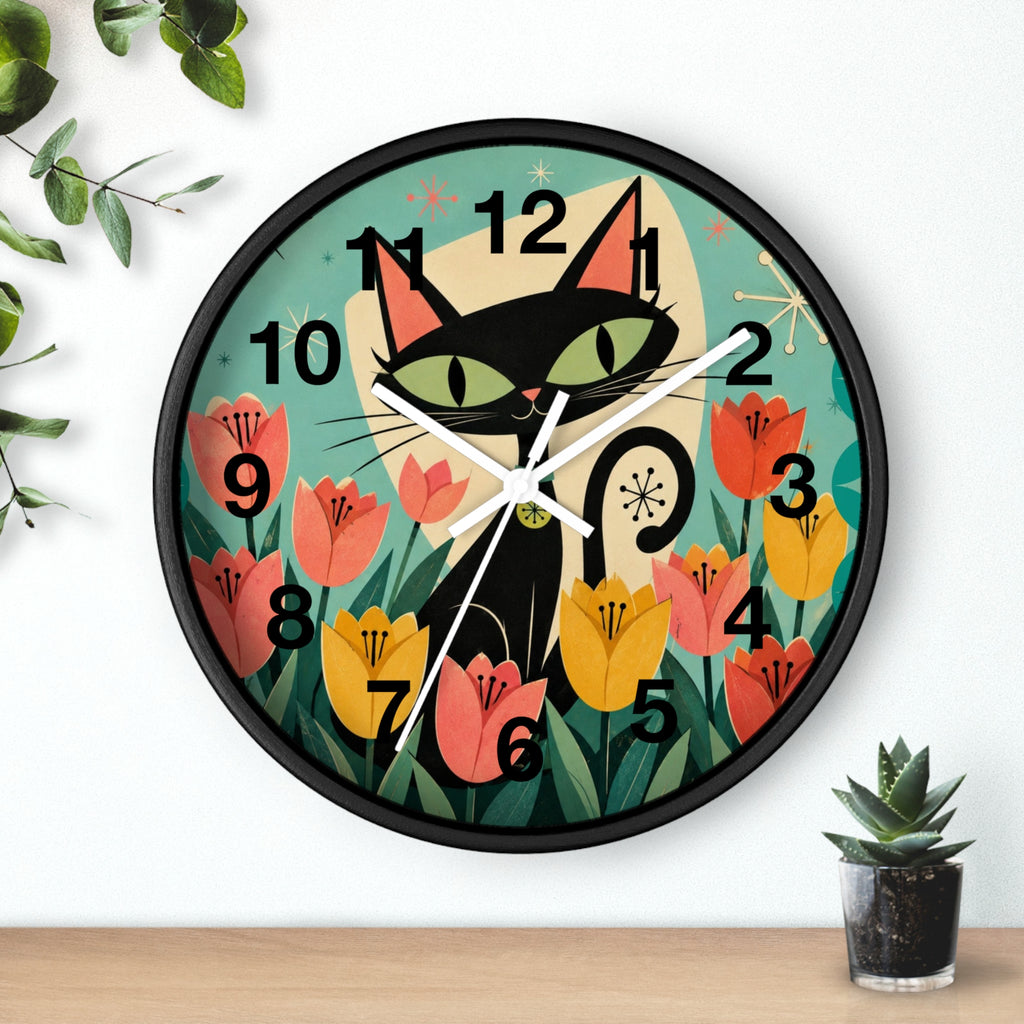 Atomic Black Cat in Tulips Wall Clock | Retro Cat Illustration, Spring Floral