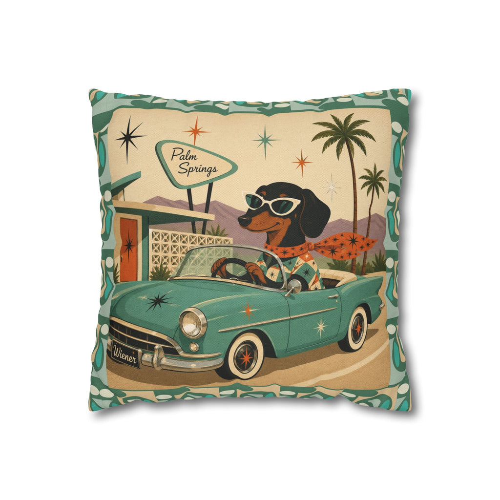Retro Dachshund Driving Convertible Pillowcase | Palm Springs Vintage Car - COVER ONLY