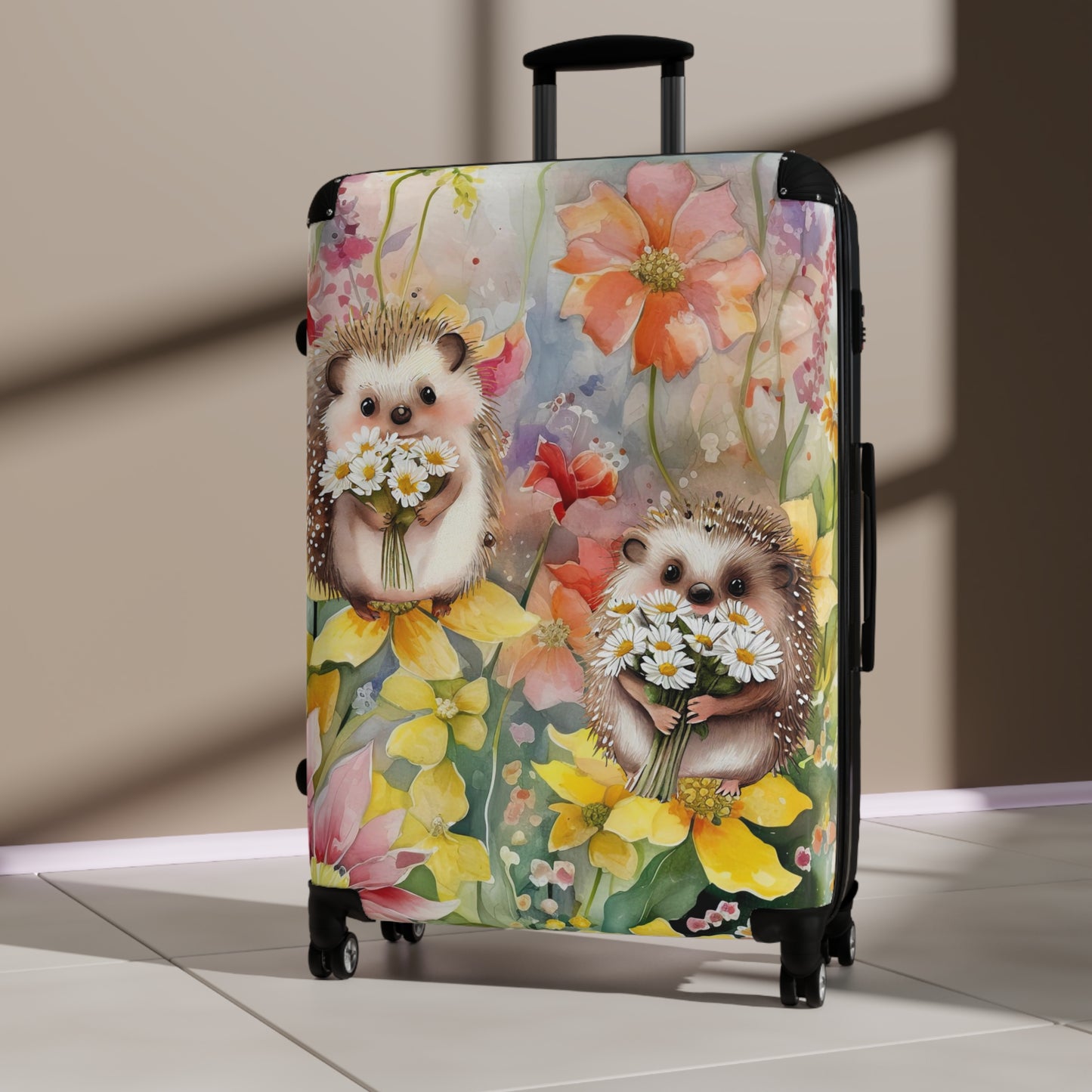 Cute wildflowers and hedgehog Suitcase on wheels, roller case, travel luggage, hard shell suitcase, secure lockable design