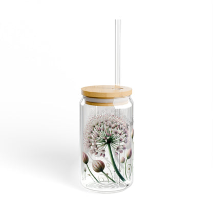 Dandelion make a wish floral Sipper Glass, 16oz, flower glass, cute drinking glass, iced coffee glass with lid and straw