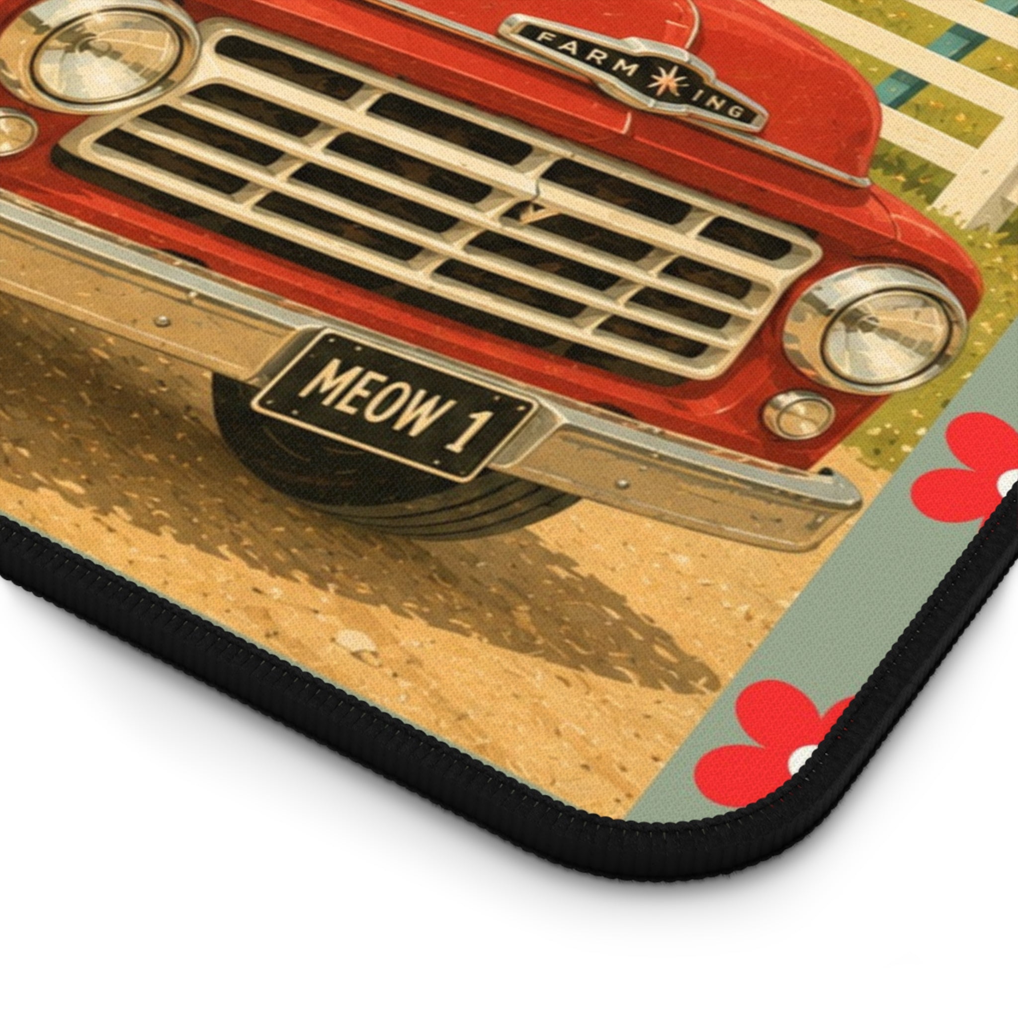 Retro Red Truck with Atomic Black Cats Desk Mat | Atomic Acres Farm Mousepad