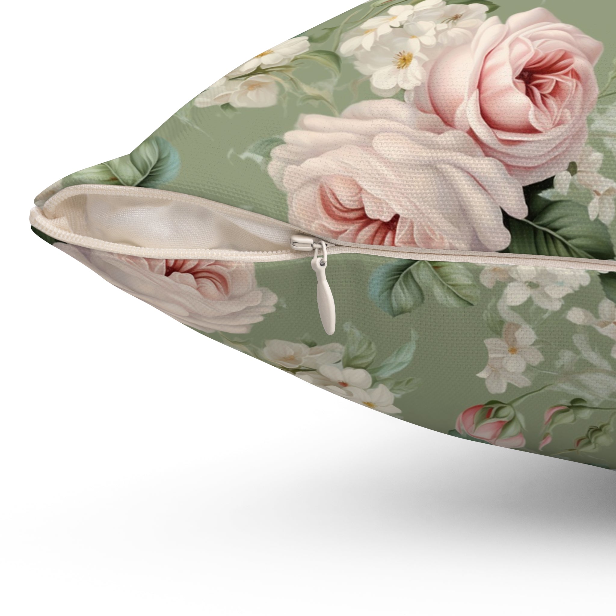 Pink vintage roses with green background Spun Polyester Square Pillow, Shabby chic, Farmhouse decor, country cottage, scatter throw cushion