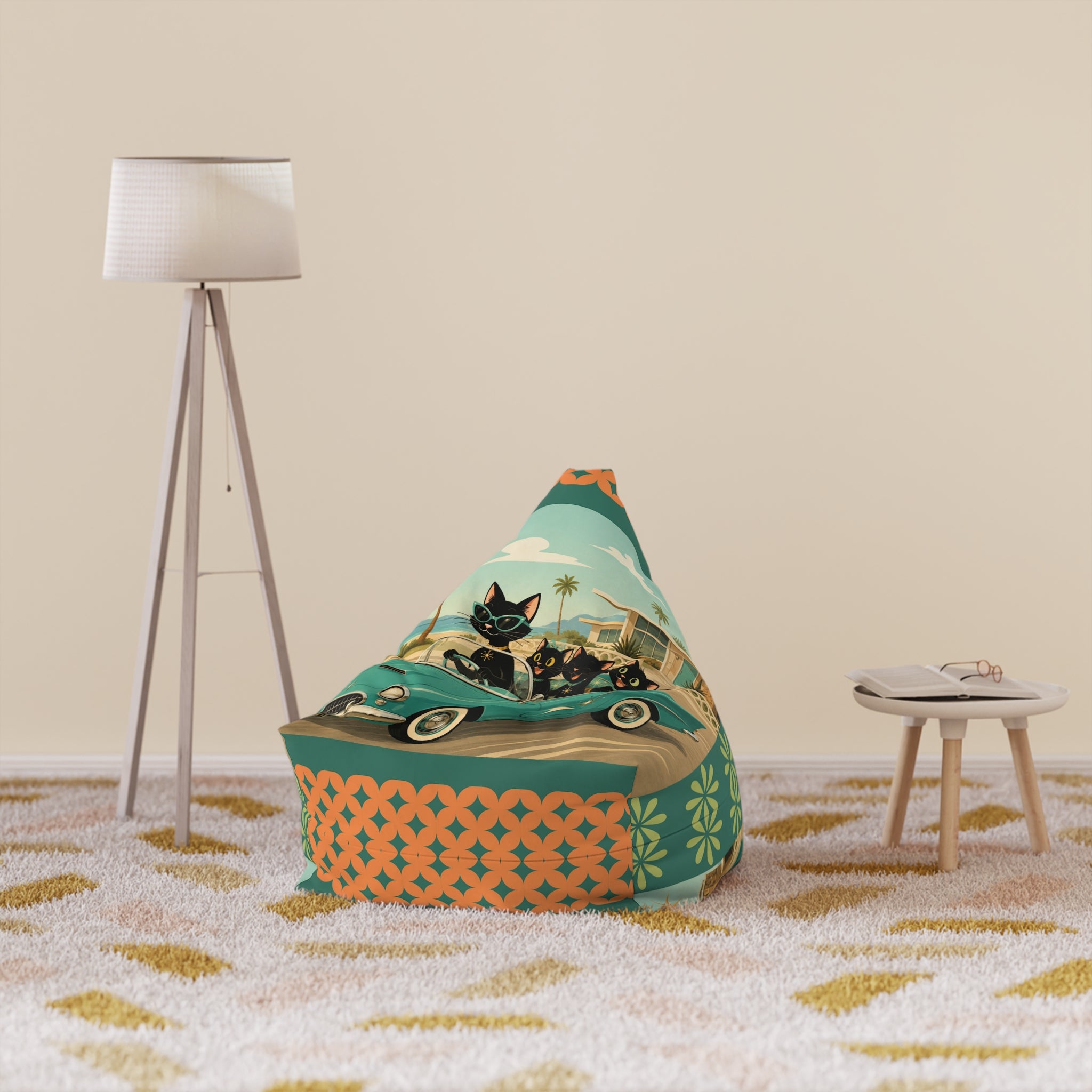 Retro Atomic Cat Road trip Bean Bag Chair Cover | Vintage Tropical Car Pattern