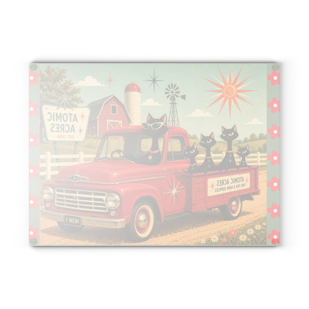 Retro Atomic Black Cats on Red Truck Glass Cutting Board | MCM Atomic Acres Farm