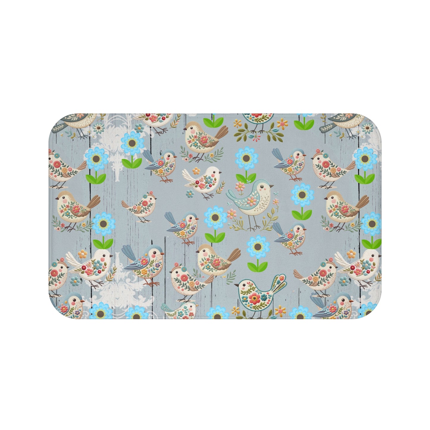 Rustic Woodgrain look little embroidery Birds (PRINTED LOOK ONLY) shabby chic Bath Mat