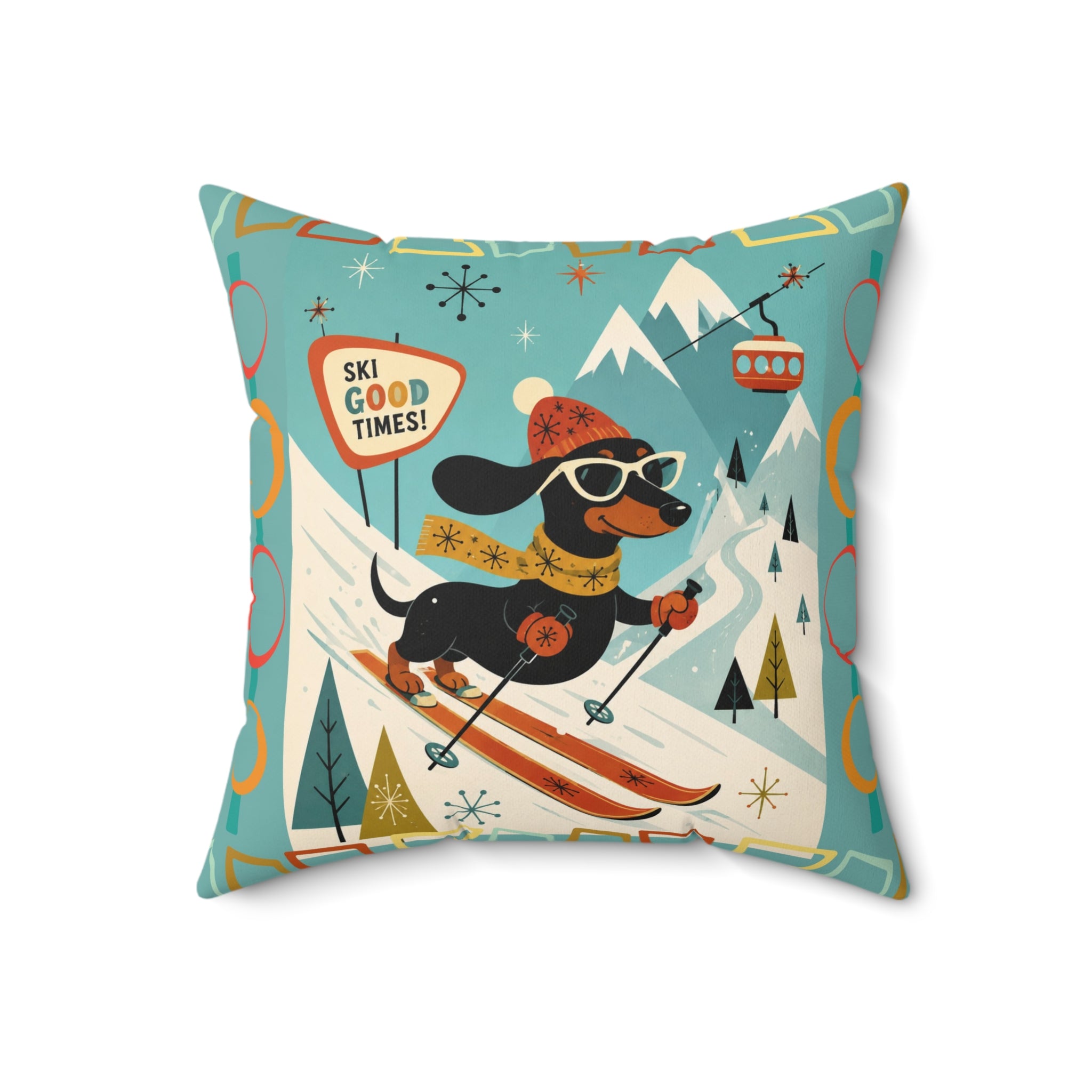 MCM Skiing Dachshund Pillow | Square Polyester Throw Pillow, Retro Winter Ski Art