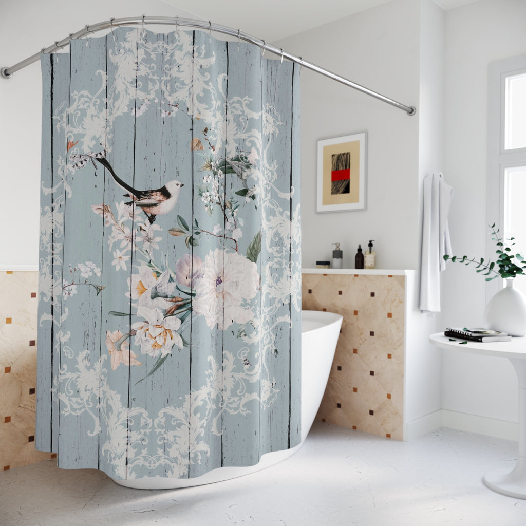 Shabby Chic Blue wood look Shower Curtain with Birds and Blossoms, vintage curtains, floral curtains, stall bathtub curtain