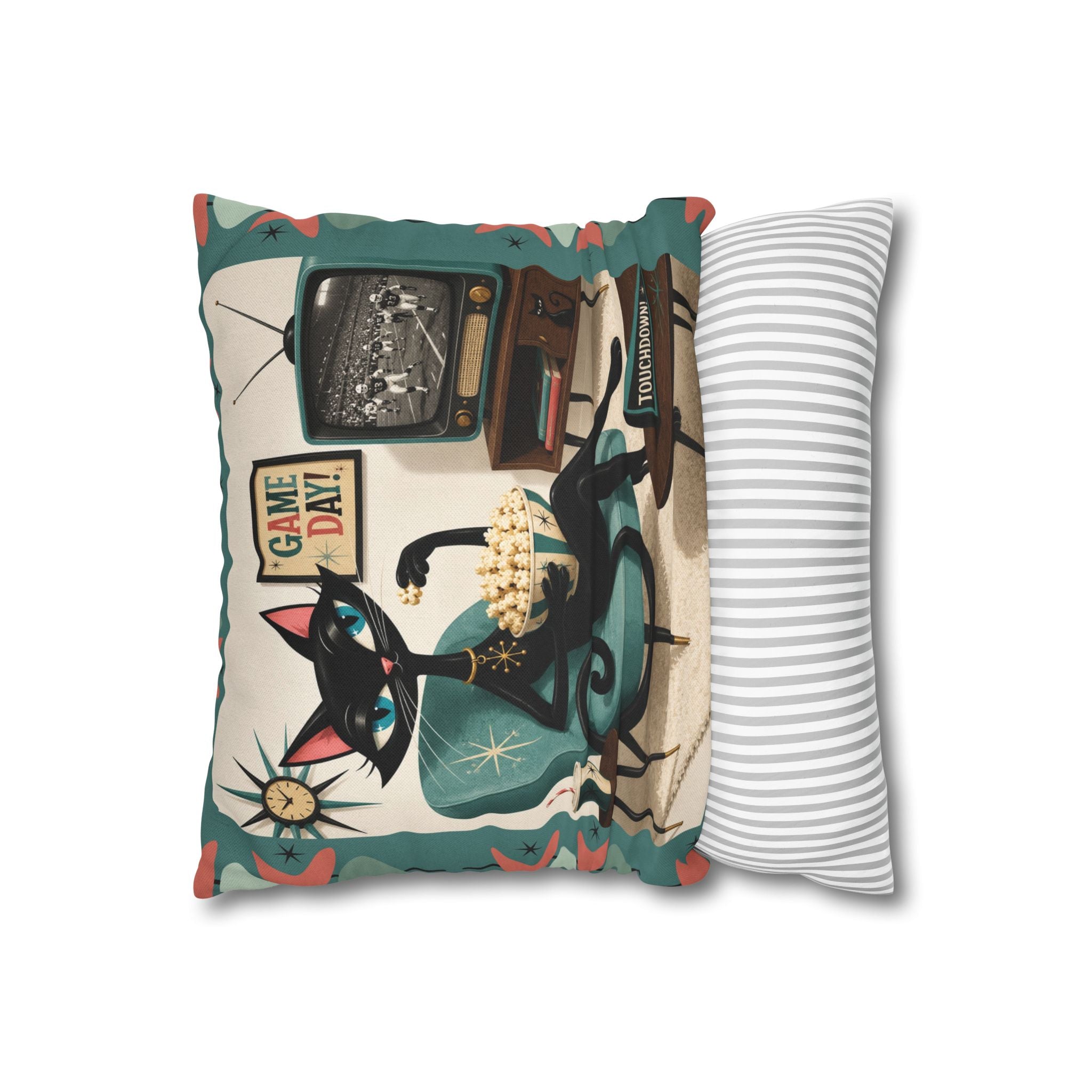 Retro Atomic Black Cat Watching Football Pillowcase | MCM Square Throw Pillowcase - Indoor use