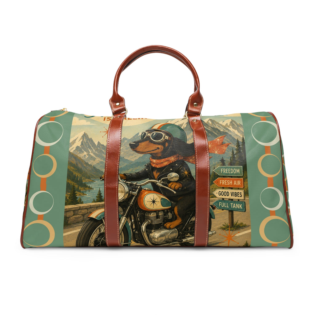 Dachshund Biker Illustration Waterproof Travel Bag | Vintage Motorcycle, Mountains, Adventure
