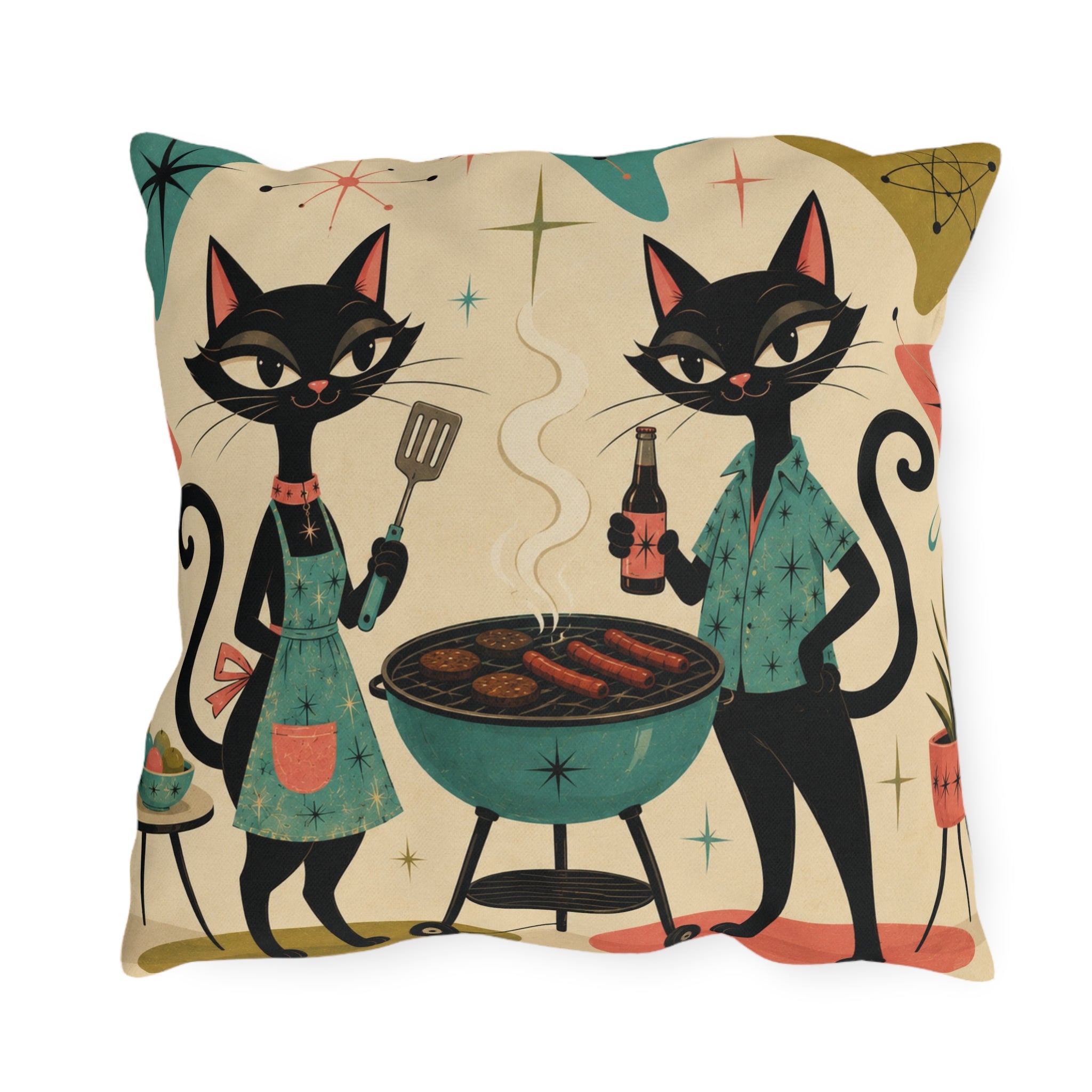 Retro Atomic Black Cats BBQ Outdoor Pillow | Mid Century Modern Cat Grill Decorative Cushion