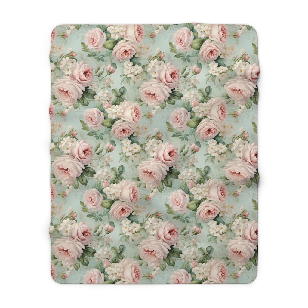 Pink vintage roses shabby chic style Sherpa Fleece Blanket, throw blanket, bedroom living room couch blanket