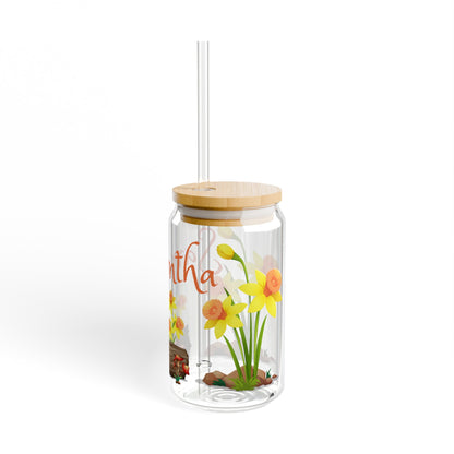 Personalized Daffodil spring Sipper Glass, 16oz, floral drinking glass, cute glass, iced coffee cup