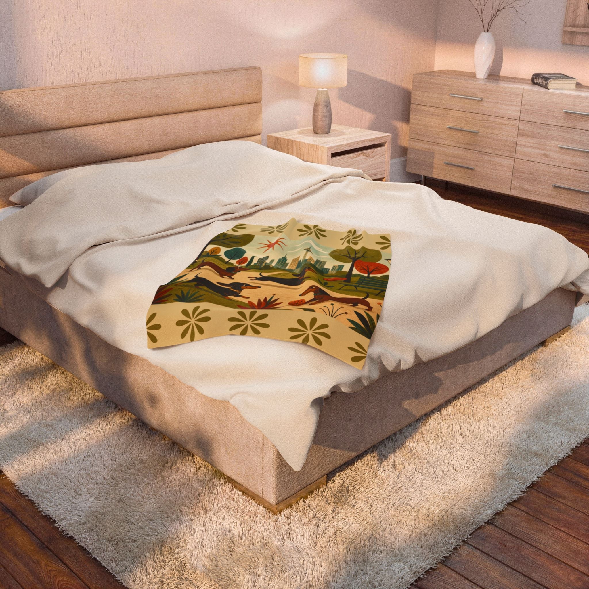 MCM Dachshund Park Scene Velveteen Plush Blanket | Retro City Park Dogs