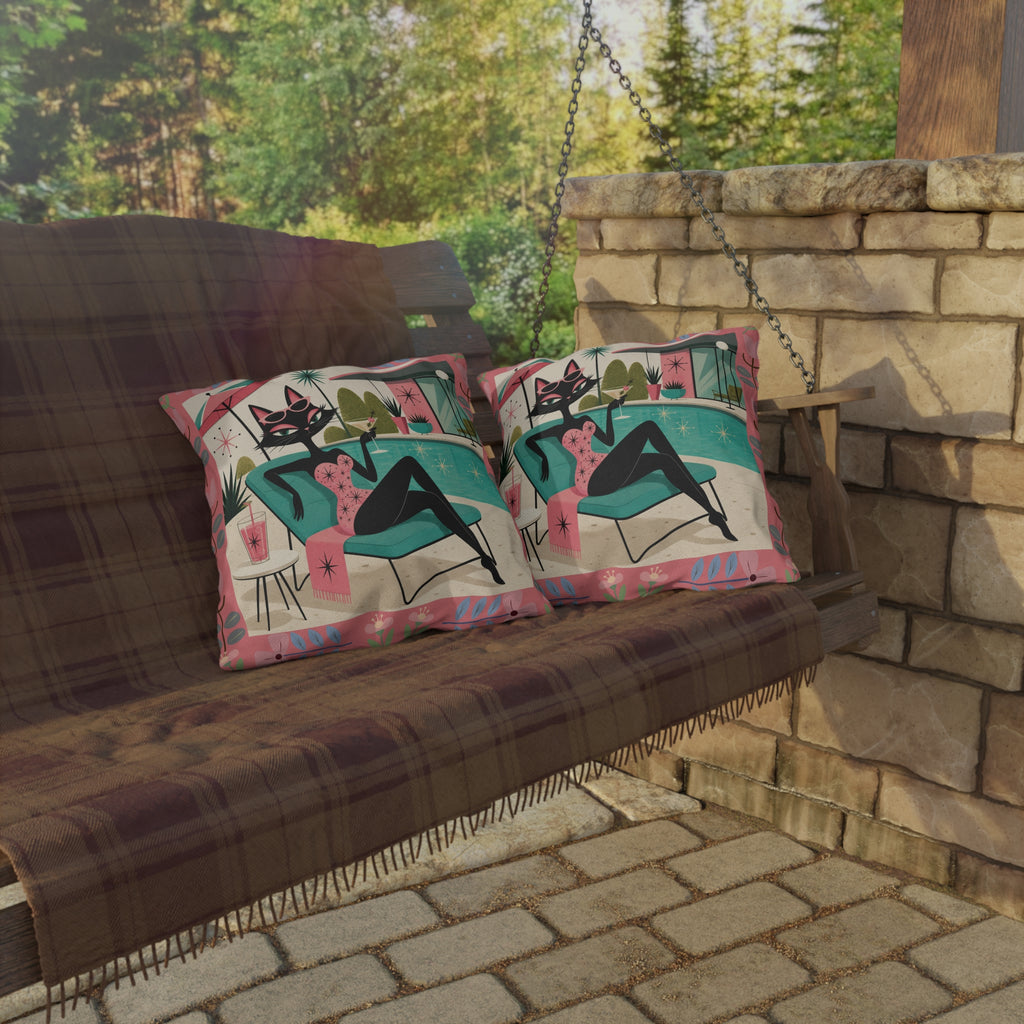 Retro Poolside Cat Outdoor Pillow | Mid Century Modern Cocktail