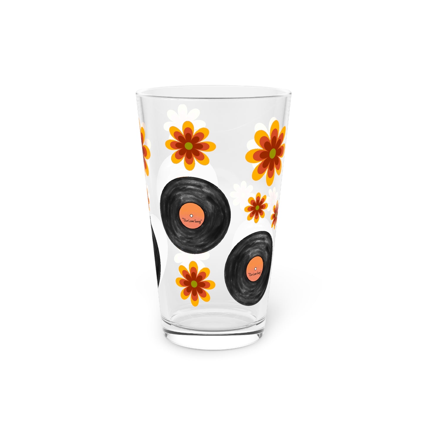 Retro record "Our Song" hippie flowers Pint Glass, 16oz, beverage pint glass (price is per glass)