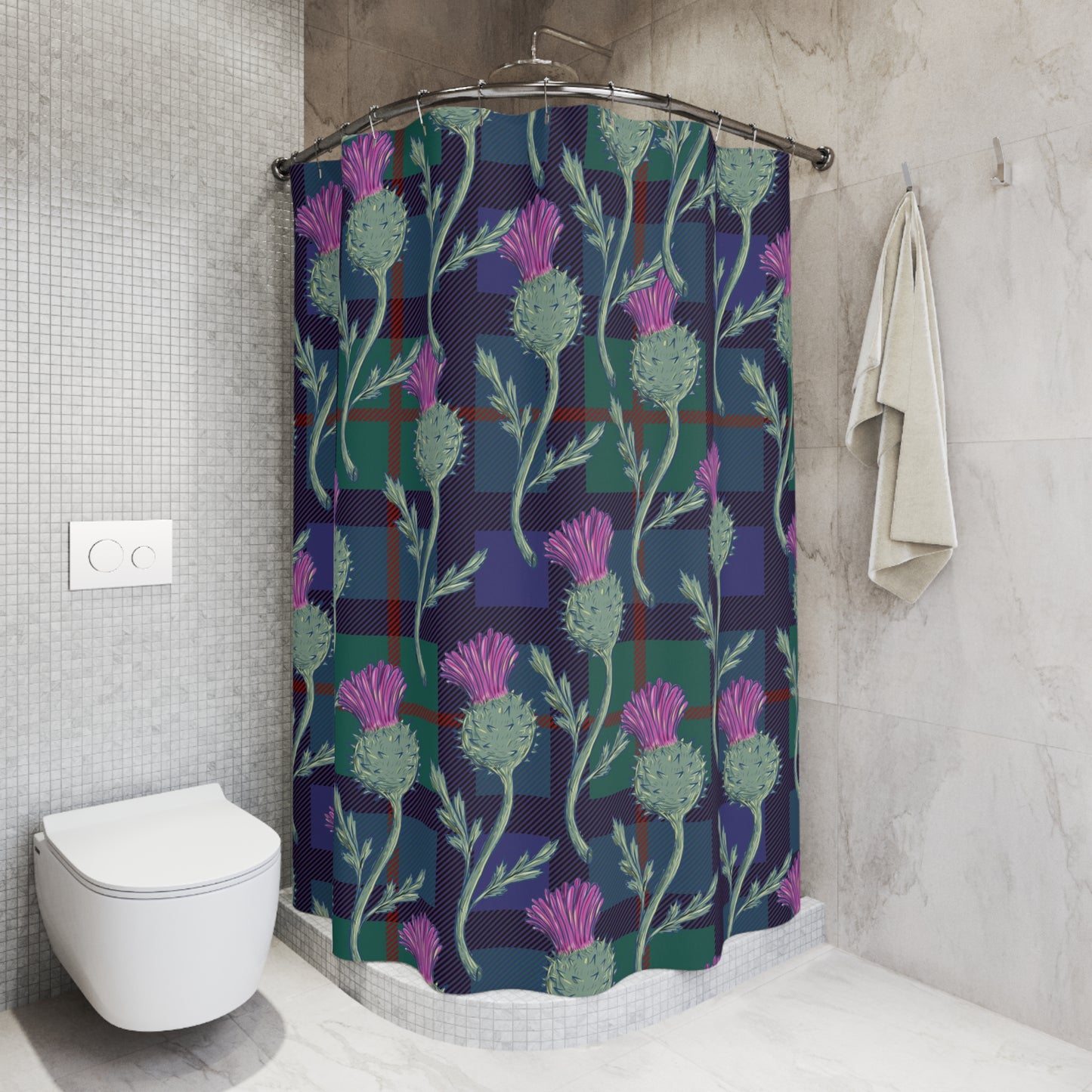 Scottish thistle, tartan, bathroom decor, floral Polyester Shower Curtain