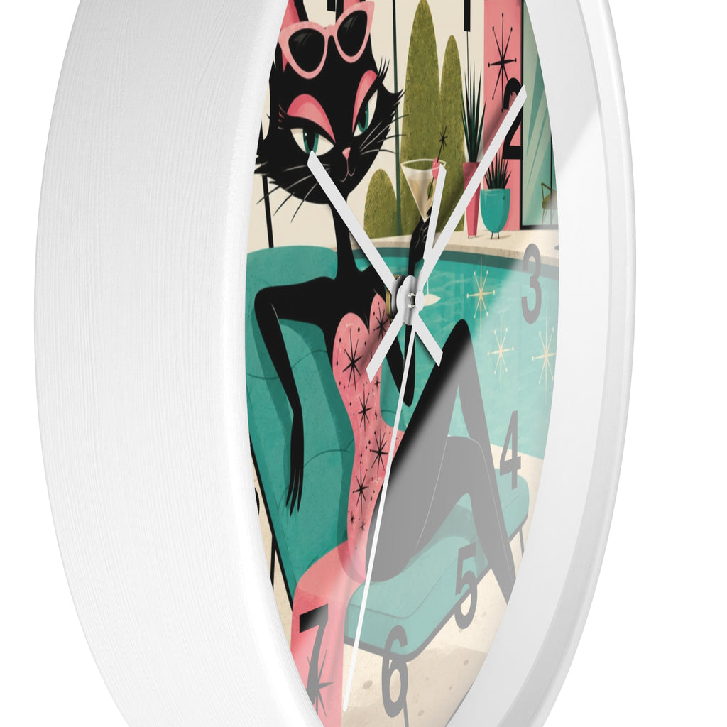 Retro Atomic Cat Lounge Wall Clock | Mid Century Modern Poolside Cat Art