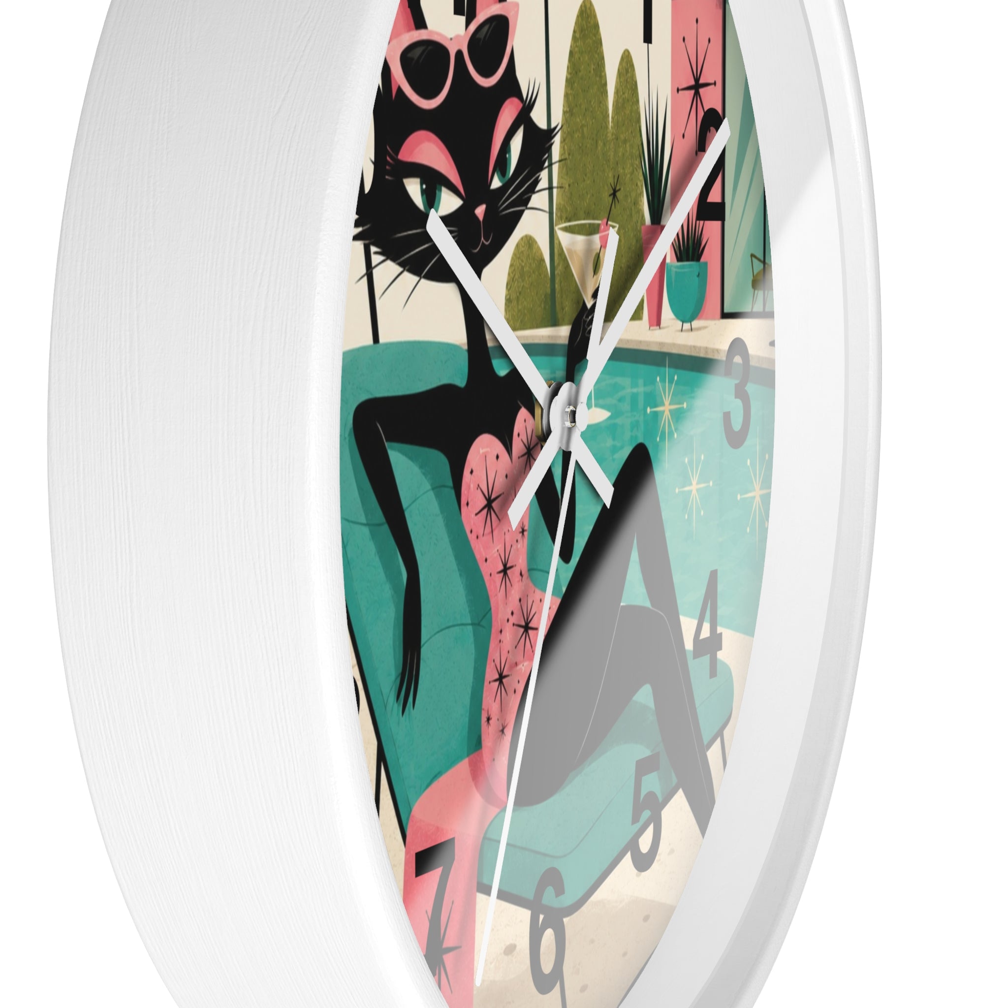 Retro Atomic Cat Lounge Wall Clock | Mid Century Modern Poolside Cat Art