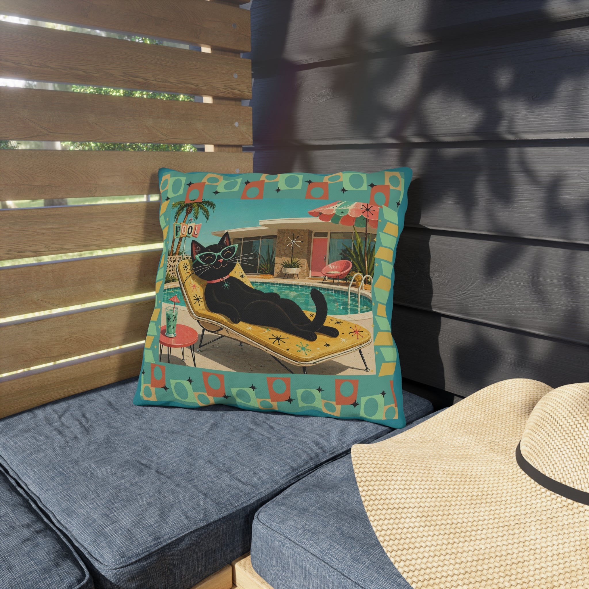 Retro Black Cat Poolside Outdoor Pillow | Mid Century Modern Patio Decor