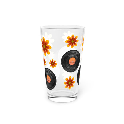 Retro record "Our Song" hippie flowers Pint Glass, 16oz, beverage pint glass (price is per glass)