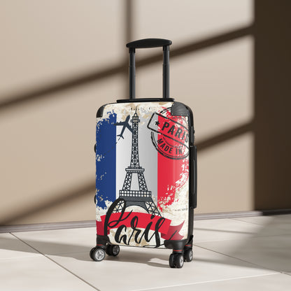 Made in Paris suitcase on wheels,  holiday in France, roller case, secure lockable carry on bags, hard shell travel suitcase