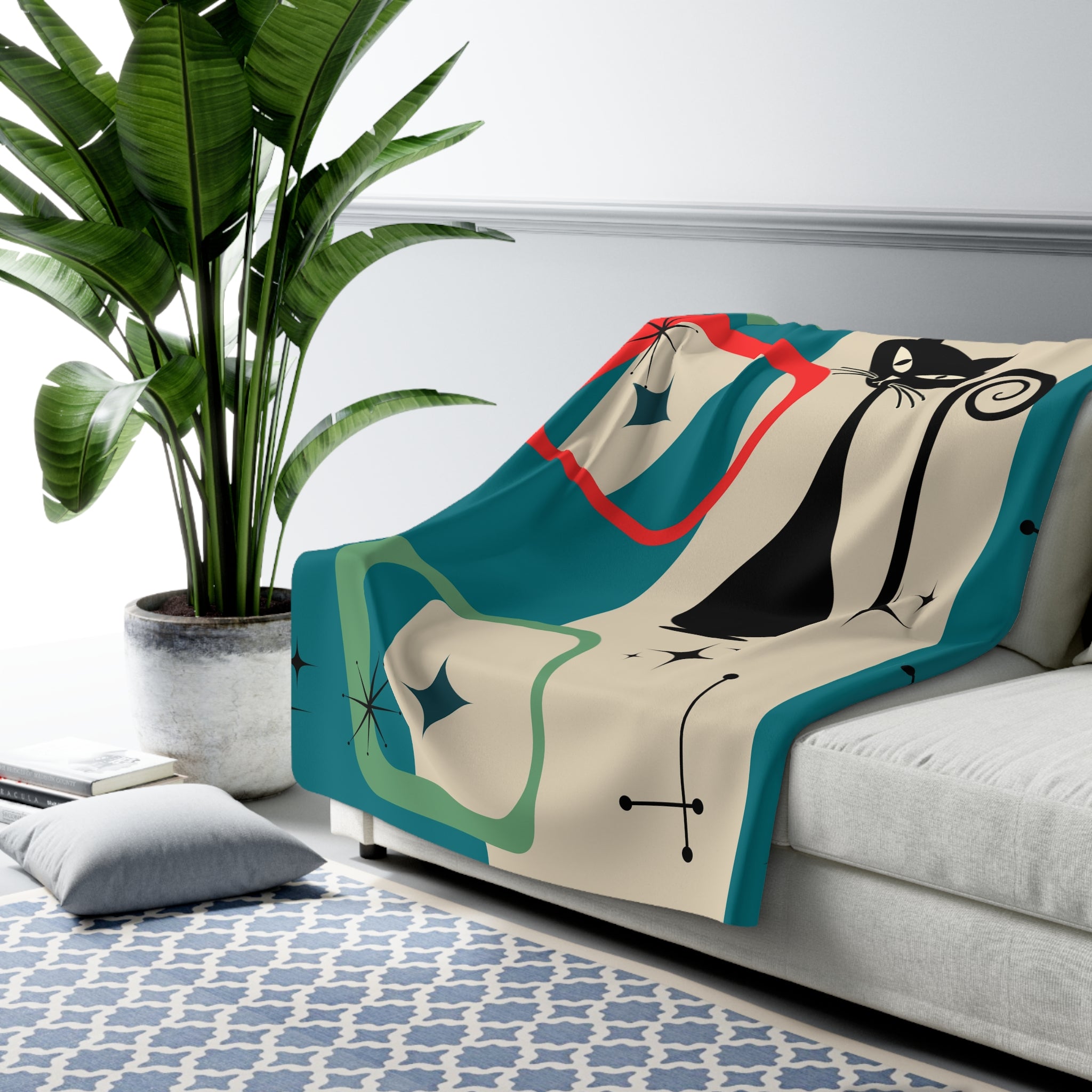 Atomic cat retro Sherpa Fleece Blanket, mid mod blanket, MCM throw blanket, soft cozy snuggle rug, Kitschy 50s 60s, black cat lover gift