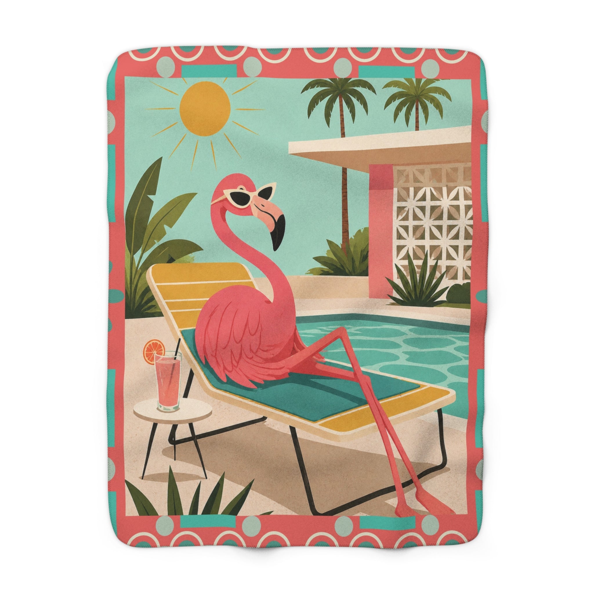 Retro Flamingo sun bathing Sherpa Blanket | Mid Century Tropical Throw