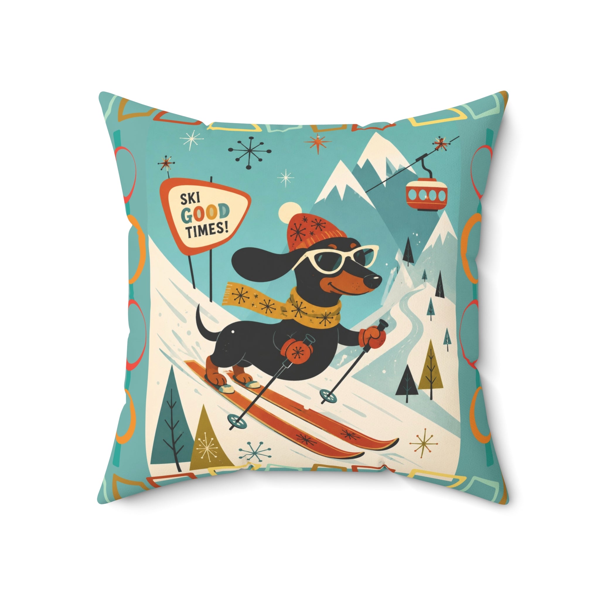 MCM Skiing Dachshund Pillow | Square Polyester Throw Pillow, Retro Winter Ski Art