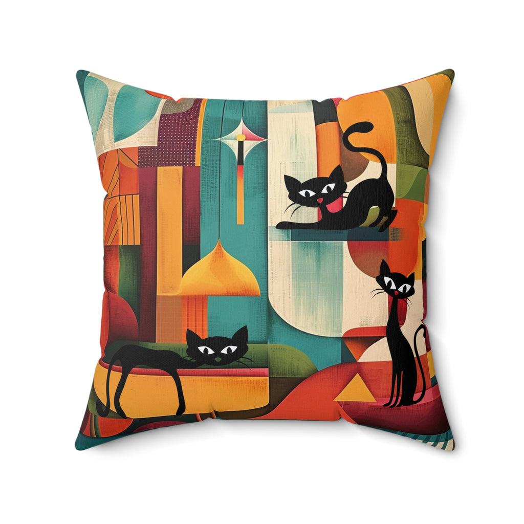 Atomic cat MCM Spun Polyester  Square Pillow, retro Mid Century Modern, black cat lover gift, 50s 60s, throw scatter cushion