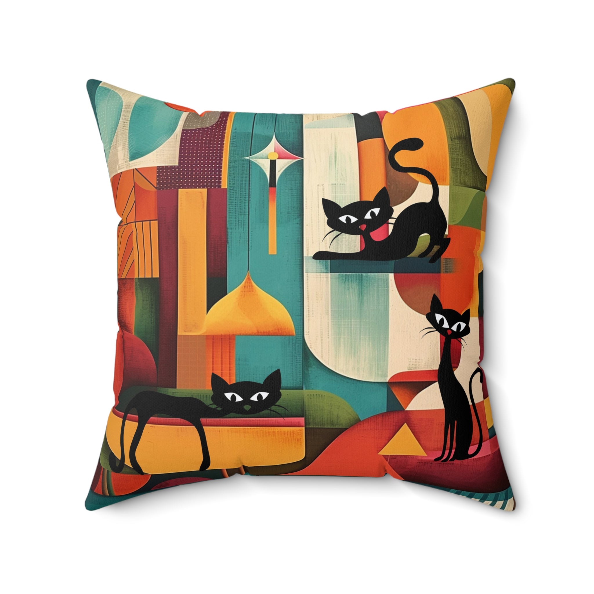 Atomic cat MCM Spun Polyester  Square Pillow, retro Mid Century Modern, black cat lover gift, 50s 60s, throw scatter cushion